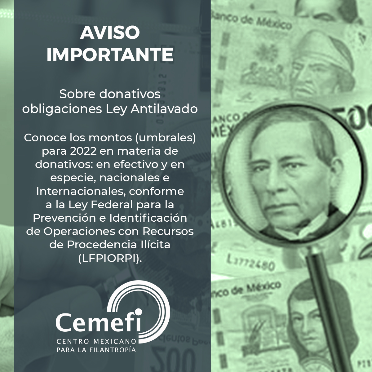 en la imagen se lee el texto: Conoce los montos (umbrales) para 2022 en materia de donativos, conforme a la Ley Federal para la Prevención e Identificación de Operaciones con Recursos de Procedencia Ilícita
