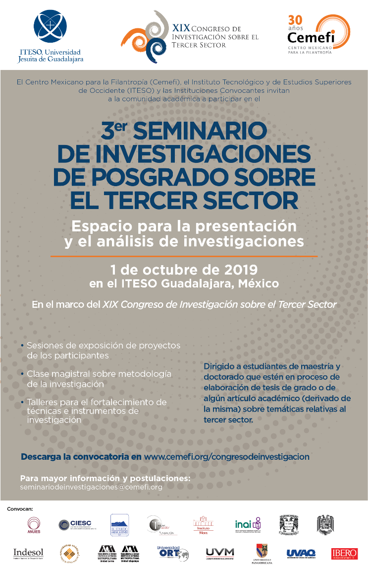 El Cemefi convoca al Tercer Seminario de Investigación sobre el Tercer Sector, a realizarse el 1 de octubre de 2019 en el ITESO de Guadalajara