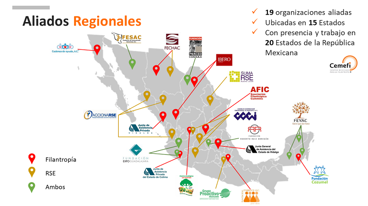 Mapa de la República Mexicana, en donde se muestran los 19 aliados de Cemefi indicado si son aliados en Filantropía, Responsabilidad Social Empresarial o ambos.