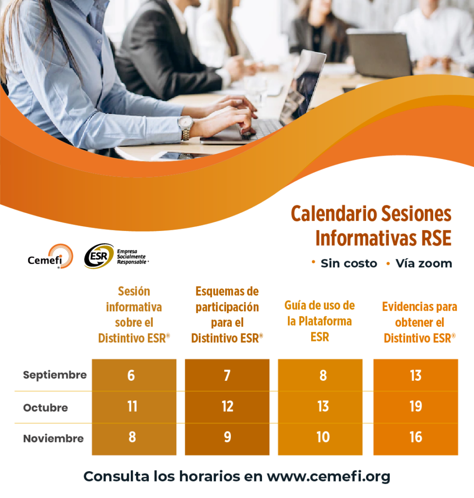 En imagen se describe el calendario de sesiones informativas sobre responsabilidad social empresarial el cual viene en el cuerpo de esta entrada.