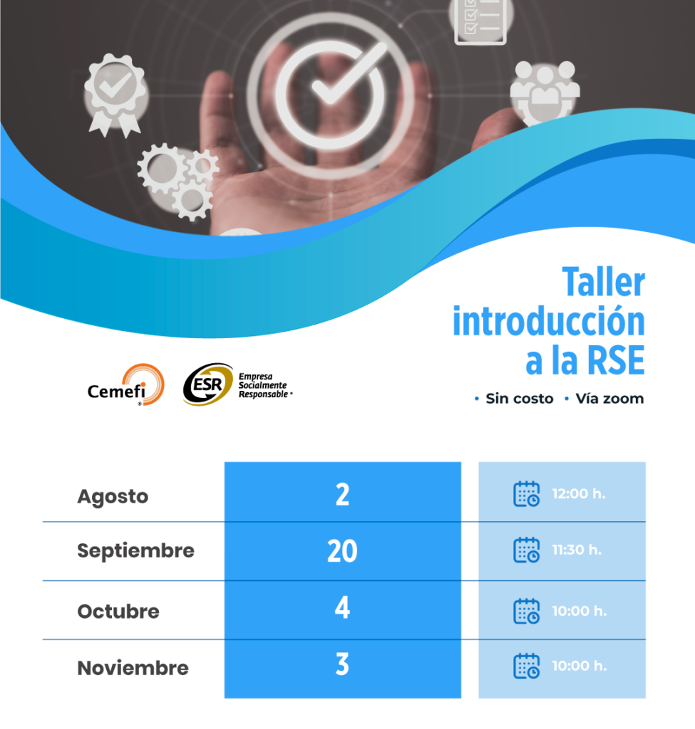 Taller de Introducción a la RSE: 20 de septiembre a las 11:30h (tiempo del centro de México).
4 de octubre a las 10:00h (tiempo del centro de México).
3 de noviembre a las 10:00h (tiempo del centro de México).