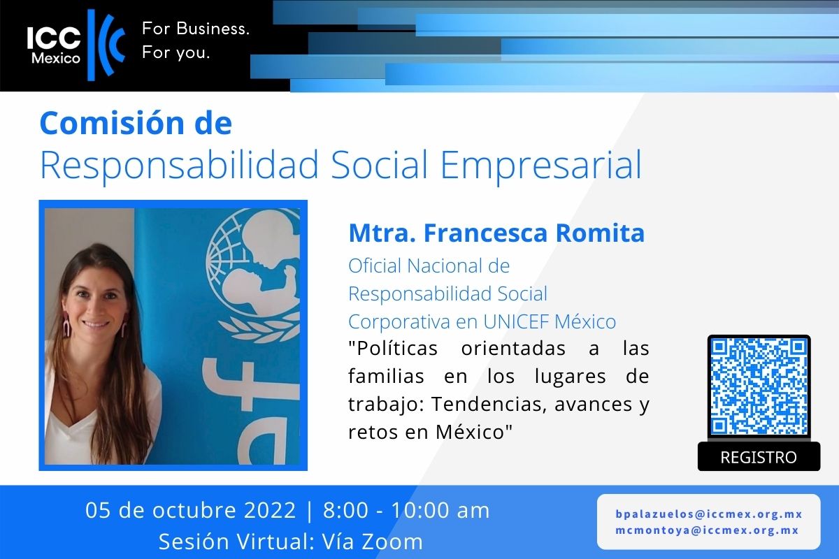 Comisión de Responsabilidad Social Empresarial. Francesca Romita Iturbe, quien coordina el área de responsabilidad social corporativa en UNICEF México.. miércoles 5 de octubre de 2022, a través de la plataforma zoom de 8:00 a 10:00