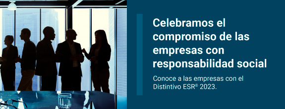 Imagen de personas dialogando con texto: celebramos el compromiso de las empresas con la responsabilidad social. Conoce a las empresas con el Distintivo ESR.