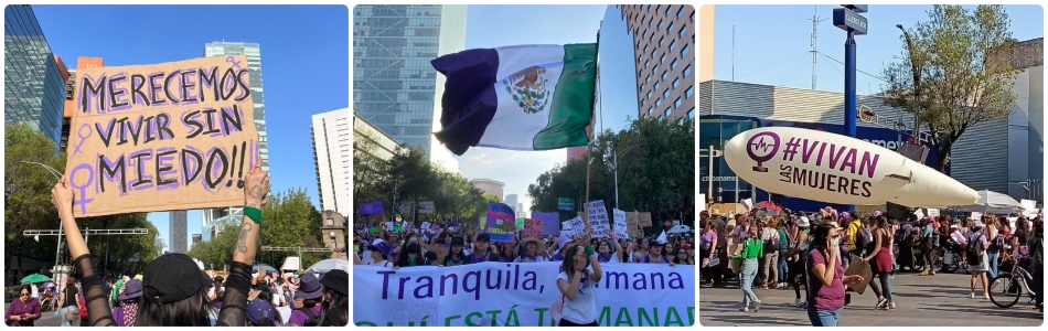 Imagenes de la marcha por el día internacional de la mujer, Una pancarta que dice "merecemos vivir sin miedo" otras mujeres con una manta que dice "tranquila hermana, aquí está tu manada" y una imagen de un globo que dice "vivan las mujeres".