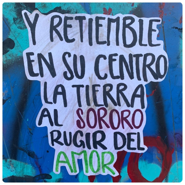 Imagen de la marcha 8m, un cartel que dice: y retiemble en su centro la tierra al sororo rugir del amor