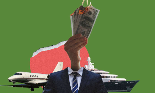 Portada de la publicación ¿Quién paga la cuenta?:los mitos detrás de los impuestos a las grandes fortunas en México. Oxfam México gráfico de persona vestida con traje formal y en lugar de cabeza una mano con billetes.