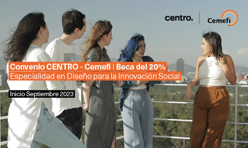 Transcripción: Conviértete en agente de cambio social Estudia la Especialidad en Diseño para la Innovación Social en CENTRO Descripción: Grupo de cinco personas estudiando en un área verde