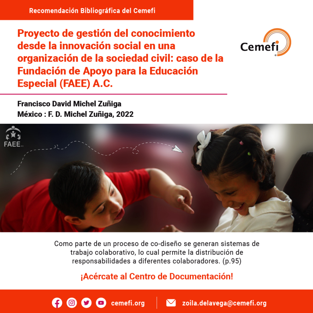 Imagen: Proyecto de gestión del conocimiento desde la innovación social en una organización de la sociedad civil:caso de la Fundación de Apoyo para la Educación Especial (FAEE) A.C.
Francisco David Michel Zuñiga
