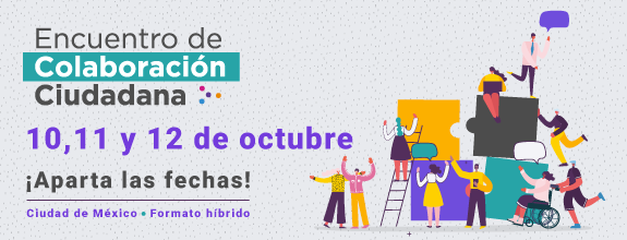 Gráfico ilustrativo de personas dialogando y en texto Aparta las fechas: 10, 11, 12 de octubre. Encuentro de colaboración ciudadana de Cemefi.