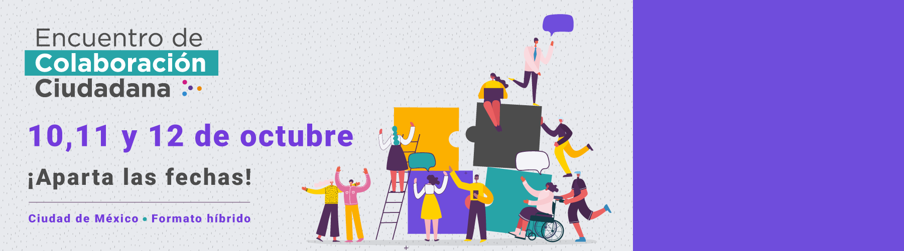 Gráfico ilustrativo de personas dialogando y en texto Aparta las fechas: 10, 11, 12 de octubre. Encuentro de colaboración ciudadana de Cemefi.