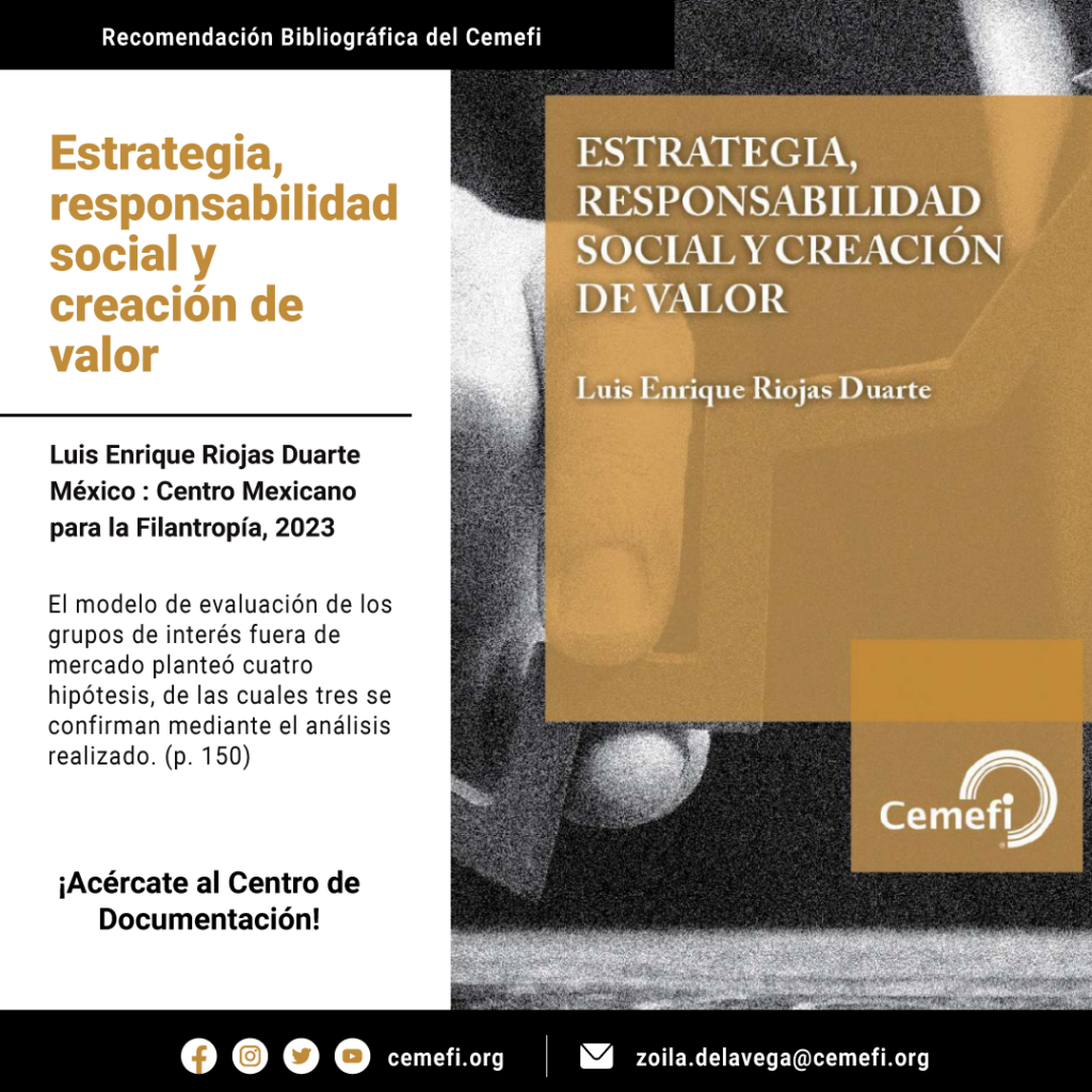 El Centro de Documentación te invita a leer “Estrategia, responsabilidad social y creación de valor” libro ganador del XVI Premio a la Investigación sobre Sociedad Civil, patrocinado por MONEX.