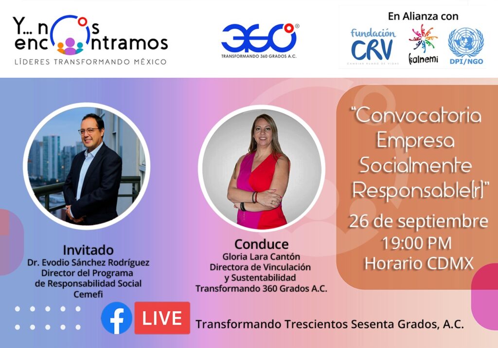 Entrevista virtual sobre el nuevo modelo del Distintivo ESR®
Te invitamos a ver la entrevista virtual que realizará Gloria Lara Cantón a Evodio Sánchez Rodríguez, director de RSE de Cemefi en el programa "Transformando trescientos sesenta grados".
26 de septiembre de 2023 a las 19:00 horas