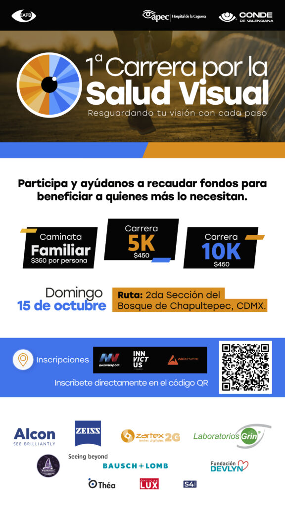 En imagen texto Participa en la primer Carrera por la Salud Visual: 
Fecha: Domingo 15 de octubre del 2023
Lugar sede: Ciudad de México, CDMX
Logotipos de patrocinadores
