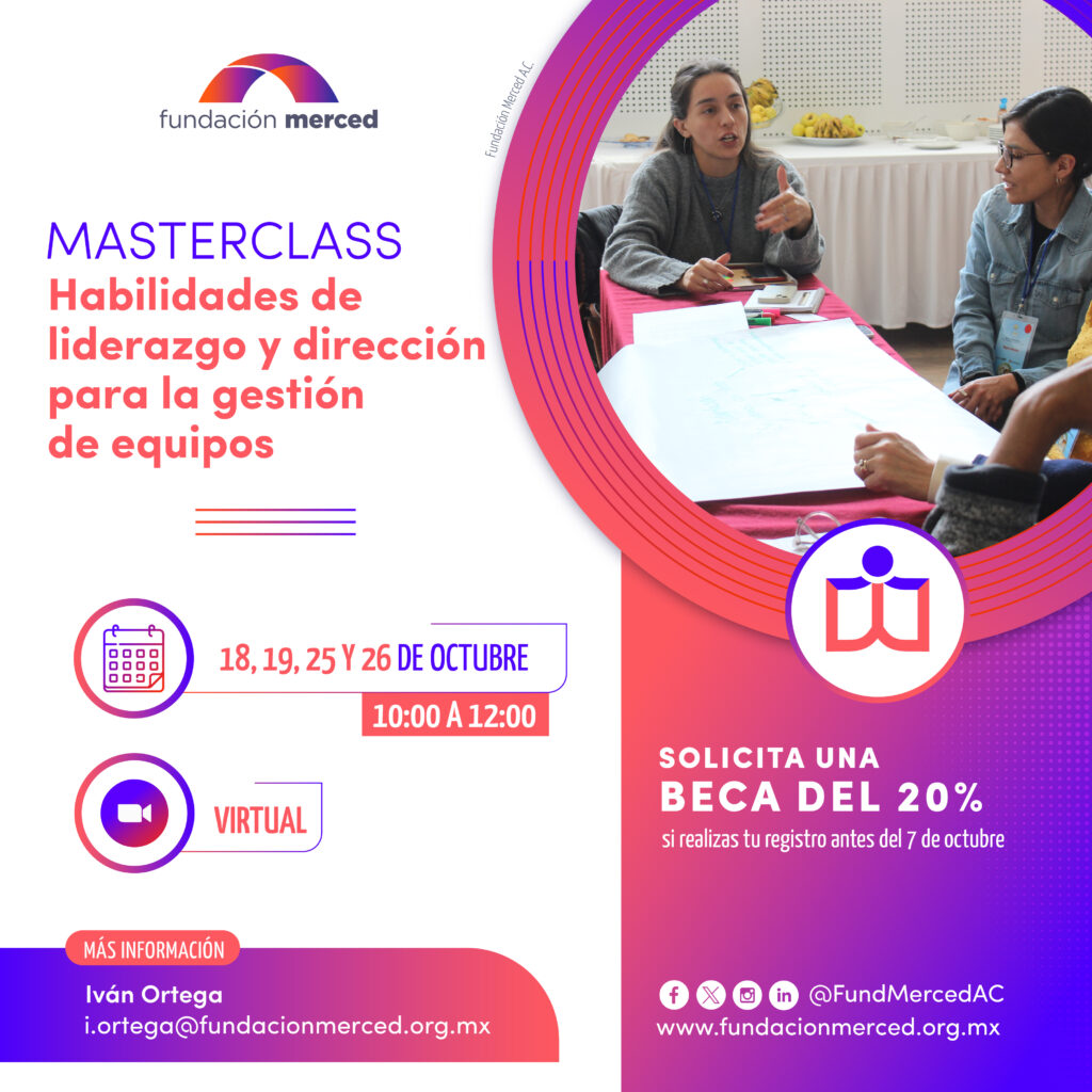 Masterclass: habilidades de liderazgo y dirección para la gestión de equipos de Fundación Merced. Dos personas dialogando en una mesa.