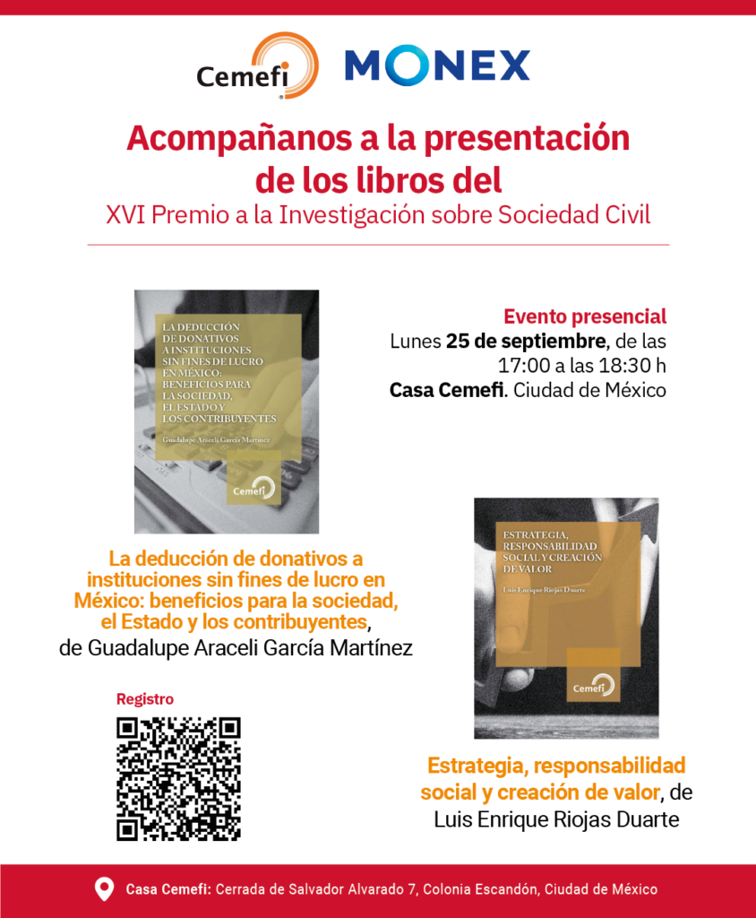 Con el propósito de promover en México la investigación sobre la sociedad civil y fortalecer al sector, Cemefi presentará los libros ganadores del XVI Premio a la Investigación sobre Sociedad Civil el próximo 25 de septiembre de 2023 a las 17:00 horas (tiempo del centro de México) en Casa Cemefi (ver ubicación).