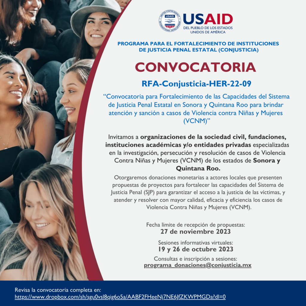 USAID, a través de su Programa #ConJusticia, abre oportunidad de donación a actores especializados en la investigación y resolución de casos que presenten proyectos para fortalecer las capacidades del Sistema de Justicia Penal (SJP).
