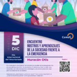 gráfico de personas voluntarias transportando víveres y en el texto Encuentro rostros y aprendizajes de la sociedad frente a la emergencia por el Huracán Otis