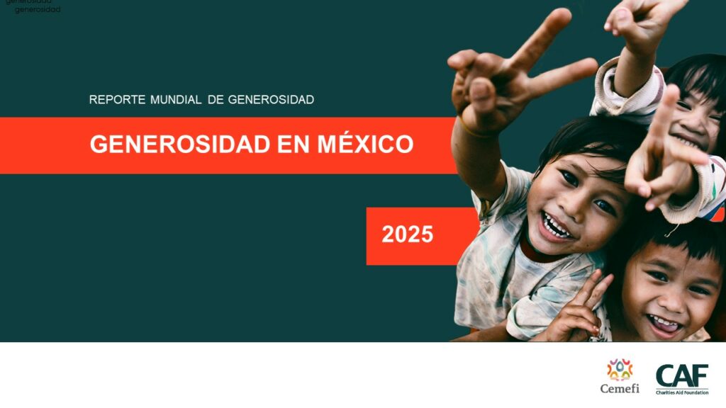 En imagen tres niñas y niños saludando con la señal de amor y paz y el texto: Reporte Mundial de Generosidad 2025: informe México