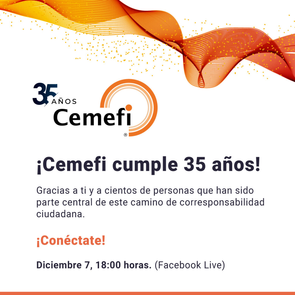 Logotipo de Cemefi 35 años y texto: Sigue la transmisión del evento de celebración por el aniversario 35 de Cemefi