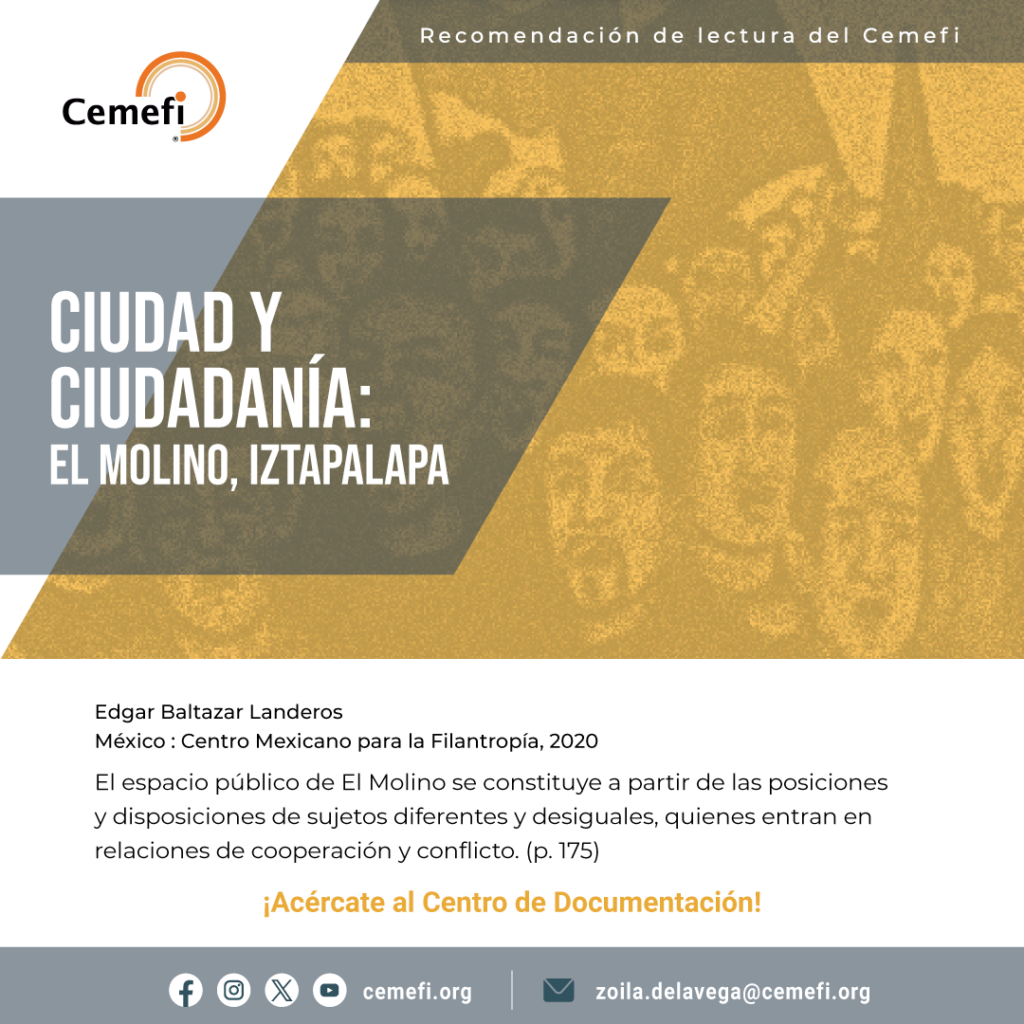 Ciudad y ciudadanía: El Molino, Iztapalapa
Edgar Baltazar Landeros
México: Centro Mexicano para la Filantropía, 2020
