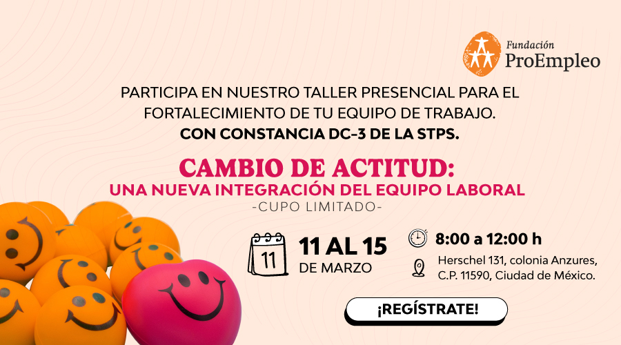 Participa en nuestro taller presencial para el fortalecimiento de tiu equipo de trabajo 
Con constancia DC-3 de la STPS 
“Cambio de actitud: una nueva integración del equipo laboral”
Cupo limitado 
11 al 15 de marzo
8:00 a 12:00 h
Herschel 131, Colonia Anzures, C.P. 11590, Ciudad de México 
Regístrate en el enlace que aparece al final de esta nota
