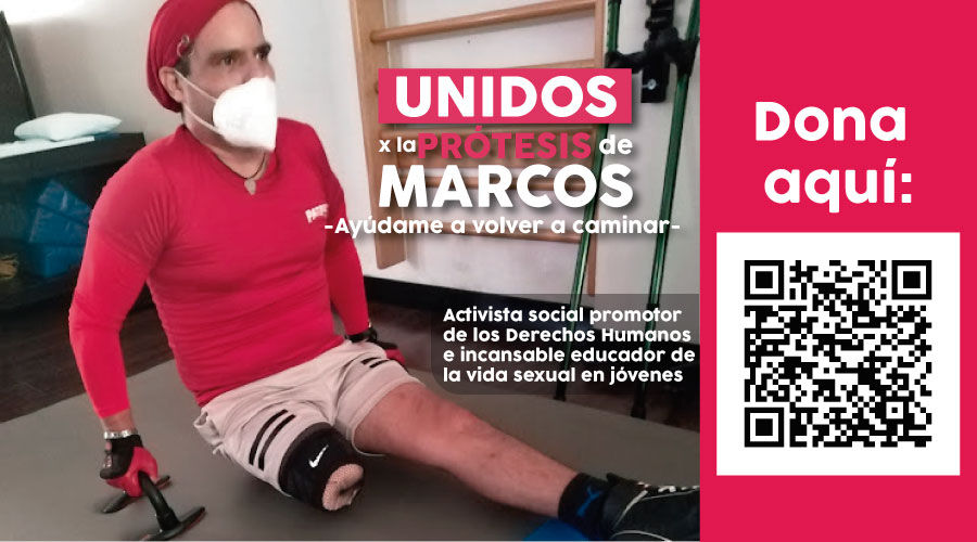 Con un donativo desde 100 pesos, puedes hacer realidad el sueño del activista social Marcos Gámez: volver a caminar. En la imagen se ve a Marcos recibiendo una terapia y los datos de ingreso a la plataforma para donar.