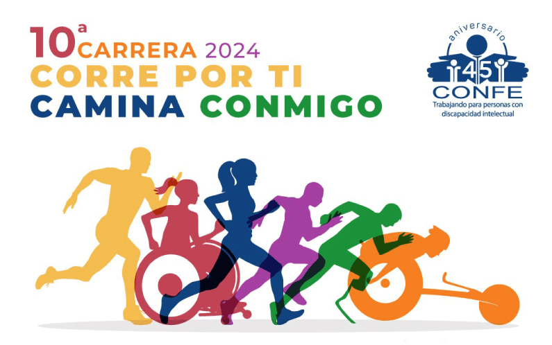 Participa en la 10ª Carrera 2024 Corre por ti camina conmigo. Logotipo de CONFE e ilustración de personas corriendo. 