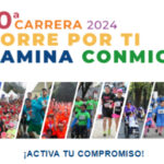 Participa en la 10ª Carrera 2024 Corre por ti camina conmigo. Logotipo de CONFE e ilustración de personas corriendo.