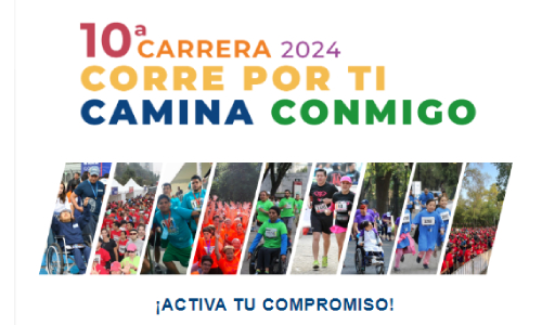 Participa en la 10ª Carrera 2024 Corre por ti camina conmigo. Logotipo de CONFE e ilustración de personas corriendo.
