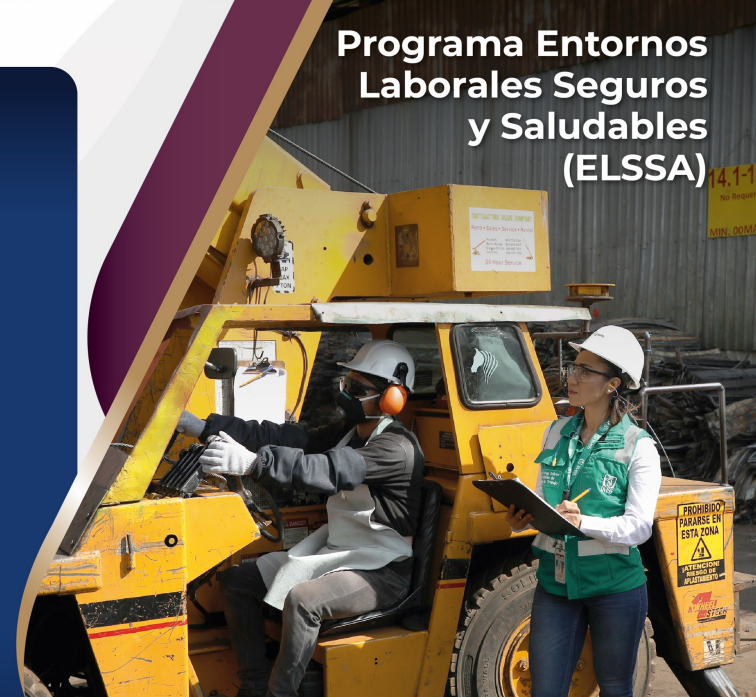 Imagen ilustrativa de dos personas trabajadoras en una fábrica y el texto: Programa Entornos Laborales Seguros y Saludables del IMSS
