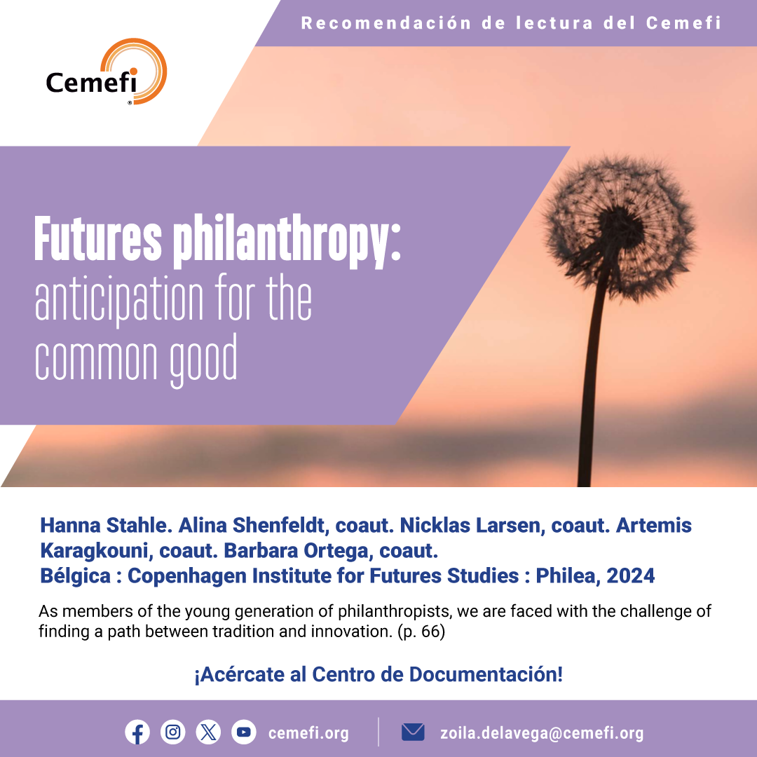 En imagen una flor "diente de león" y al fondo un aterdecer rosado. En texto Futures philanthropy: anticipation for the common good. Toda la información en el cuerpo de esta nota.