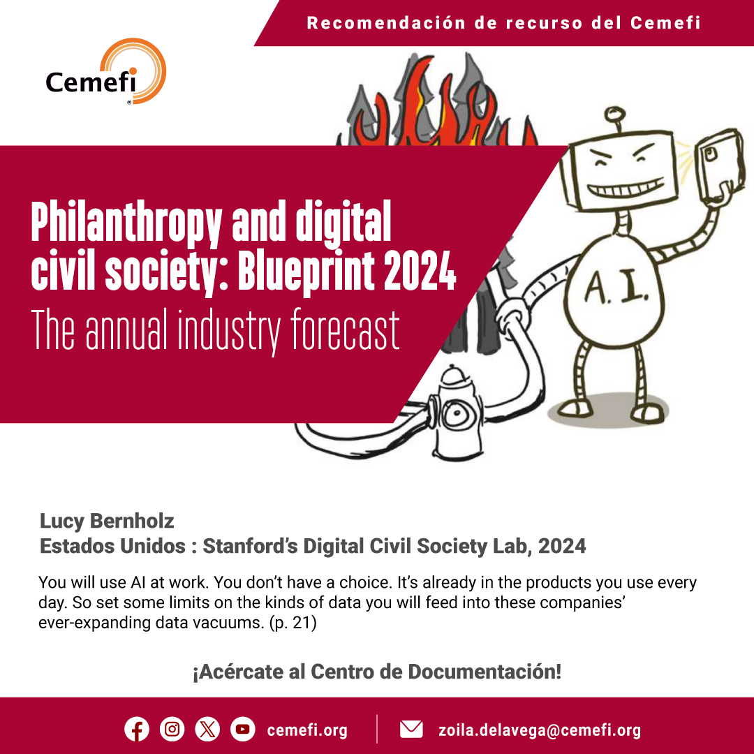 Ilustración de un robot y un libro y el texto: Philanthropy and digital civil society: Blueprint 2024 : the annual industry forecast