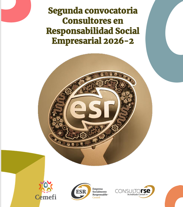 Imagen promocional con el texto: "Segunda convocatoria Consultores en Responsabilidad Social Empresarial 2026-2". Incluye la estatuilla de ESR y los logos de Cemefi, Empresa Socialmente Responsable y ConsultorRSE.