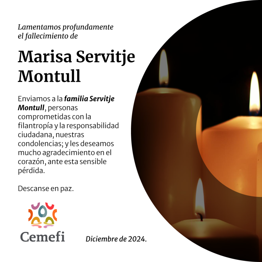 Esquela: En imagen unas velas encendidas y el texto Desde Cemefi, lamentamos el fallecimiento de Marisa Servitje Montull