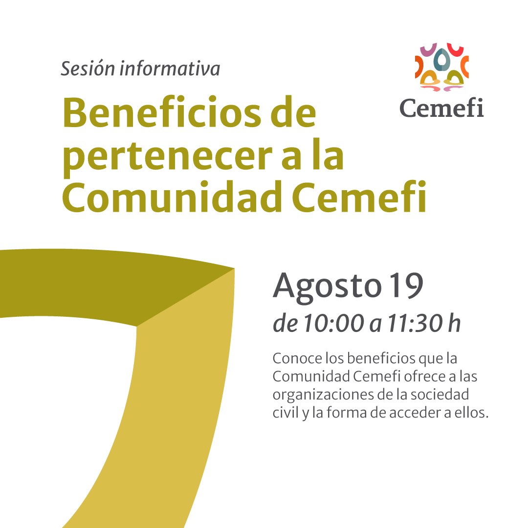 Gráfico beneficios de pertenecer a la comunidad Cemefi. ilustración con logotipo Cemefi y datos 19 de agosto a las 10:00 horas.