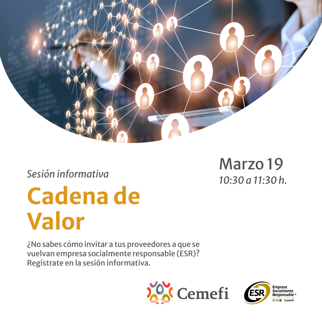 En imagen una persona escribiendo sobre un pizarron virtual y los datos de la sesión informativa del programa cadena de valor. Toda la información se encuentra en el cuerpo de esta nota.