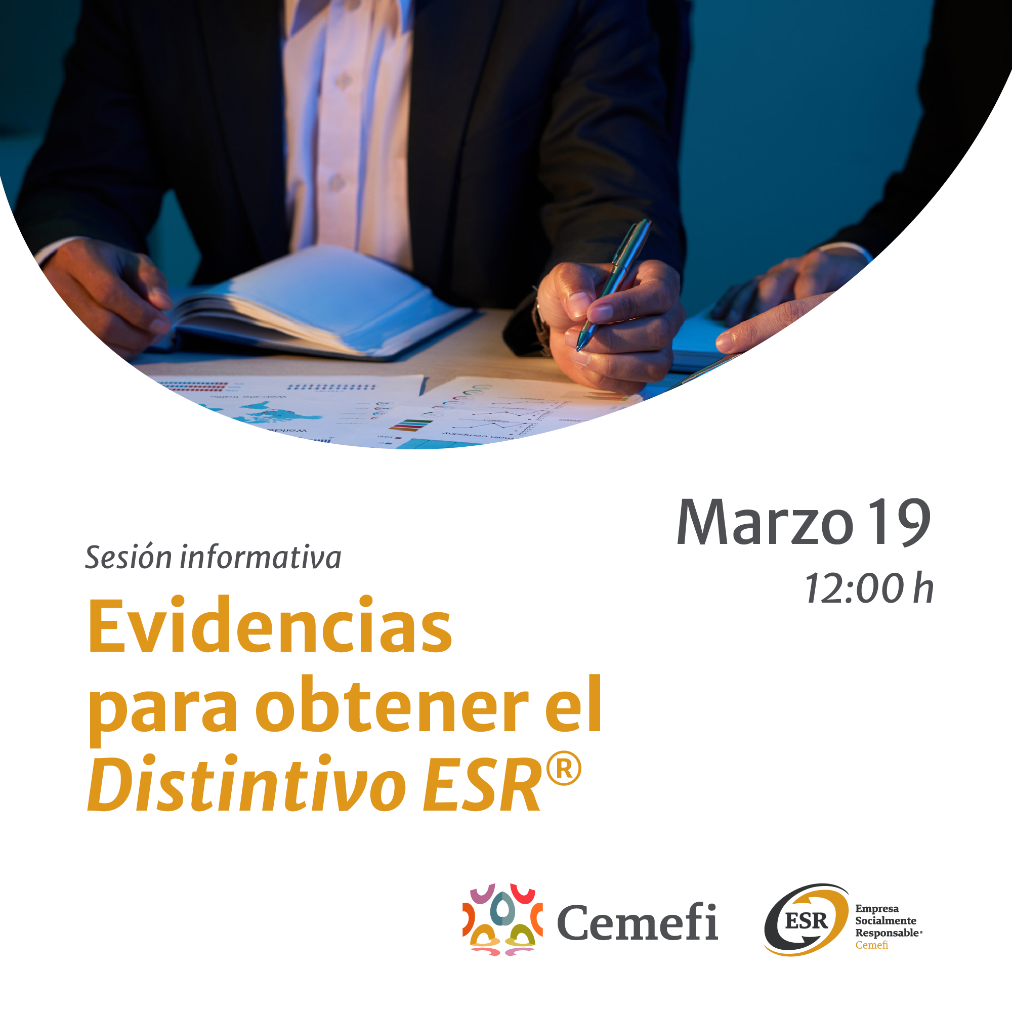 En imagen se observan dos personas revisando documentos y el texto evidencias para obtener el distintivo ESR. 