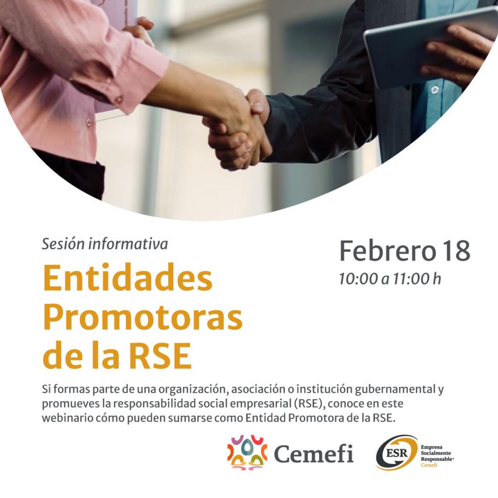 En imagen dos personas se toman de las manos en señal de acuerdo y el texto sesi´n informativa entidades promotoras de las RSE del 18 de febrero de 2026.
