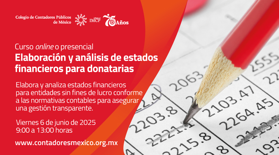En imagen un lapíz rojo subrayando números en una hoja de papel y el texto: Curso: Elaboración y análisis de estados financieros para donatarias