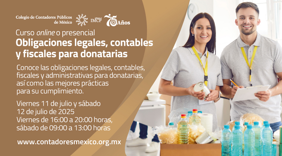 En imagen dos personas, un hombre y una mujer sonriendo y simulando el conteo de víveres y el texto: Conoce las obligaciones legales, contables y fiscales de las donatarias y aplica mejores prácticas de cumplimiento.