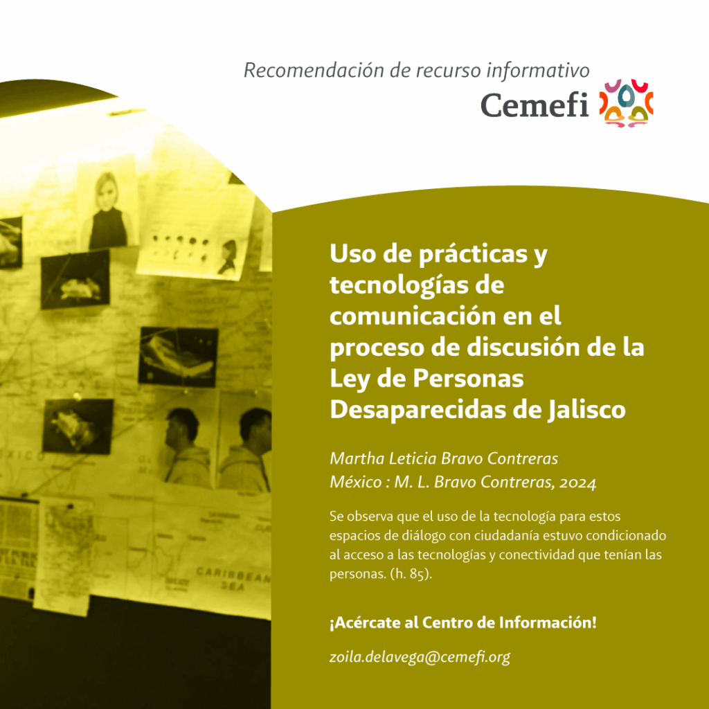 En imagen un pizarrón con fotografías y datos de personas desaparecidas y el texto: Uso de prácticas y tecnologías de comunicación en el proceso de discusión de la Ley de Personas Desaparecidas de Jalisco
