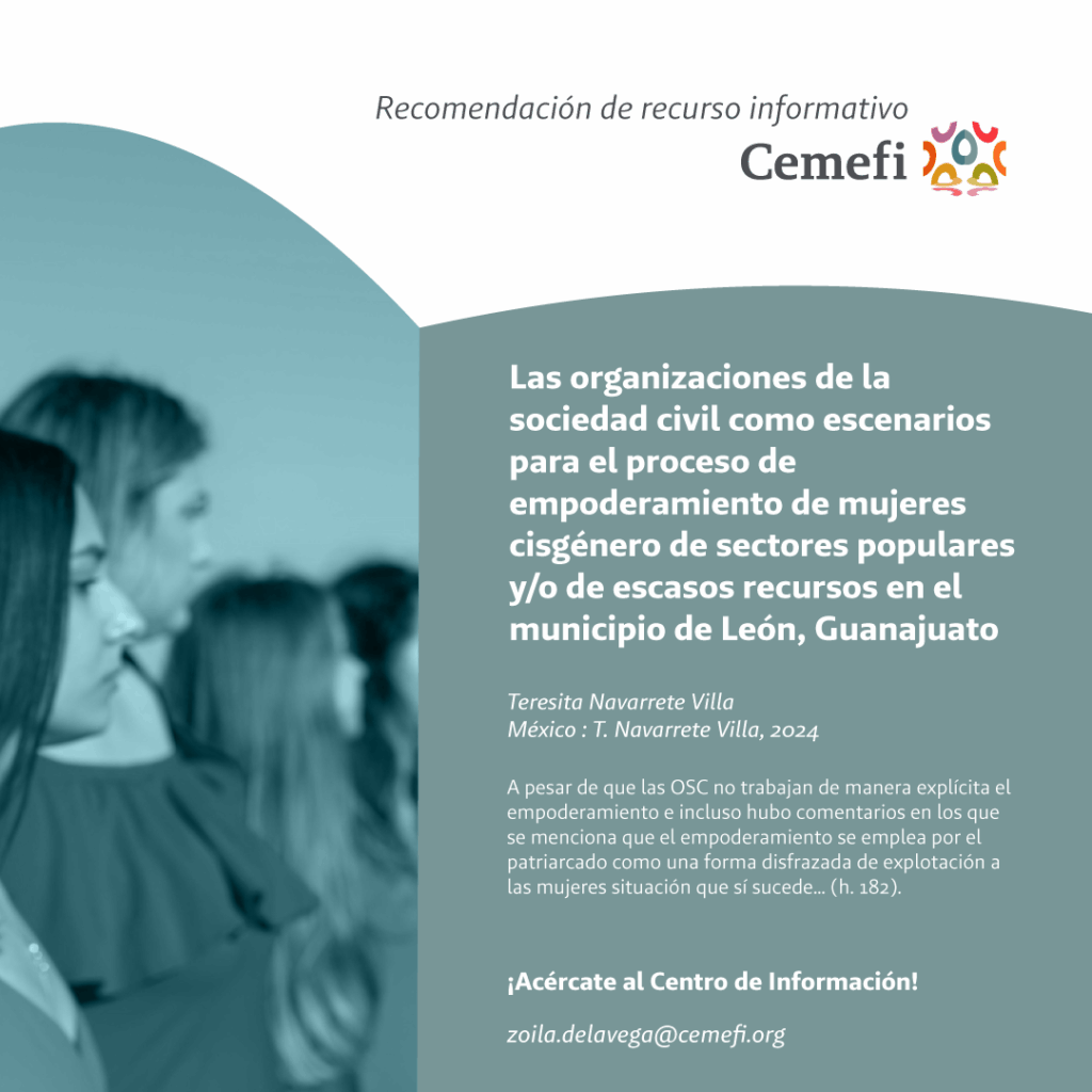 En imagen varias mujeres de perfil y msemblante serio y el texto: Las organizaciones de la sociedad civil como escenarios para el proceso de empoderamiento de mujeres cisgénero de sectores populares y/o de escasos recursos en el municipio de León, Guanajuato