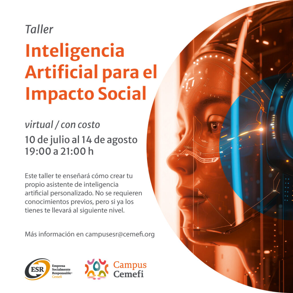 En imagen una persona simulando un ropbot y el texto: Curso virtual: Inteligencia Artificial para el Impacto Social
