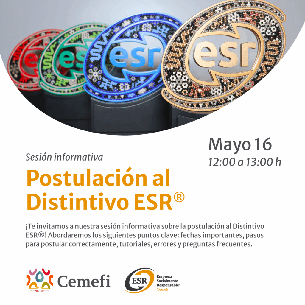 En imagen varias estatuillas del Distintivo ESR en sus diferentes colores: dorado, azul, verde y rojo y el texto Sesión informativa: Postulación al Distintivo ESR®