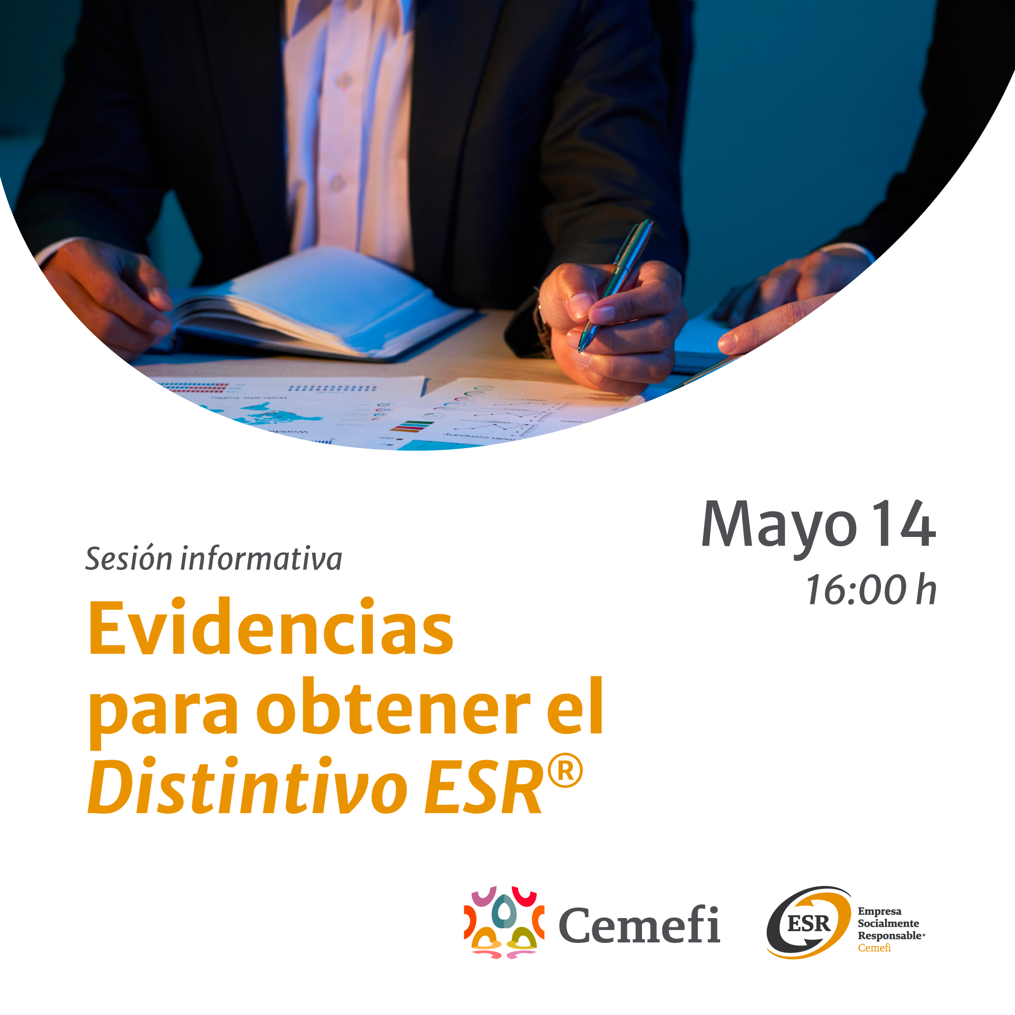 En imagen se observan dos personas revisando documentos y el texto evidencias para obtener el distintivo ESR.