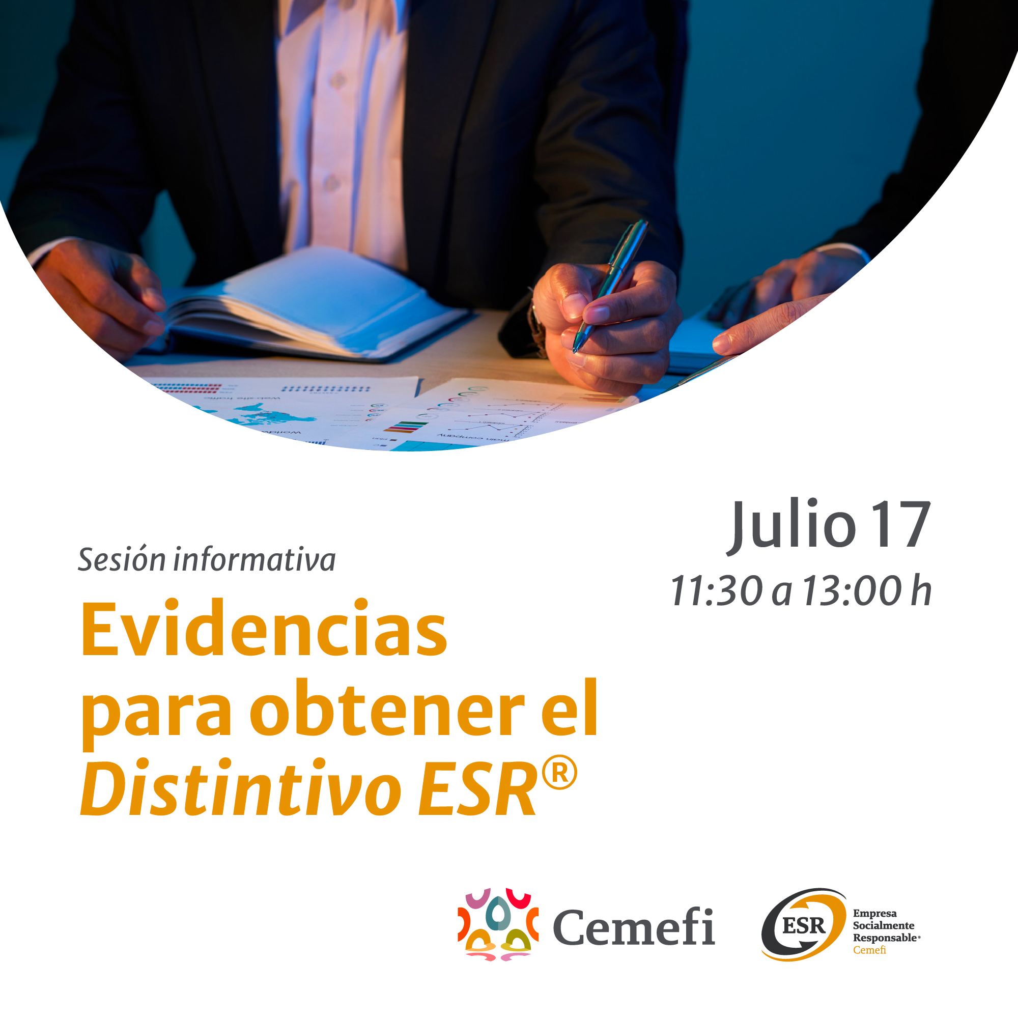 En imagen se observan dos personas revisando documentos y el texto evidencias para obtener el distintivo ESR. 