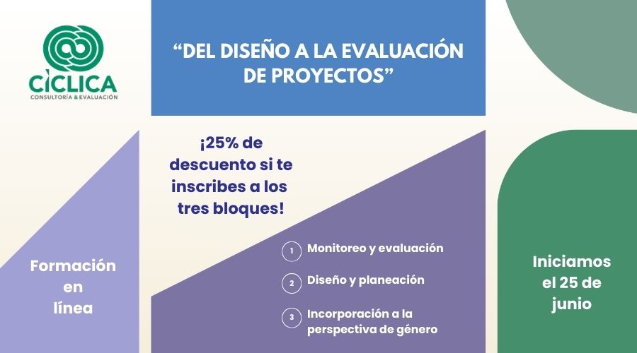 Formación en línea Del diseño a la evaluación de proyectos, 1.Diseño y planeación, 2.Monitoreo y evaluación, 3.Incorporación de la perspectiva de género, 25% de descuento si te inscribes a los 3 bloques, Iniciamos el 25 de junio.