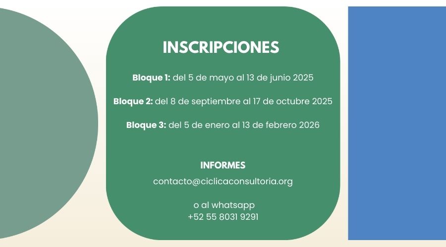 Inscripciones bloque 1 del 5 de mayo al 13 de junio 2025, bloque 2 del 8 de septiembre al 17 de octubre 2025, bloque 3 del 5 de enero al 13 de febrero 2026, Informes: contacto@ciclicaconsultoria.org o al WhatsApp +51 55 80 31 92 91
