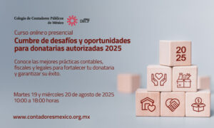 En imagen aparecen varios cubos con símbolos de corazones, manos fecha 2025 y paquetes y el texto: Cumbre de desafíos y oportunidades para Donatarias Autorizadas 2025