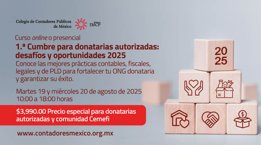 En imagen aparecen varios cubos con símbolos de corazones, manos fecha 2025 y paquetes y el texto: Cumbre de desafíos y oportunidades para Donatarias Autorizadas 2025